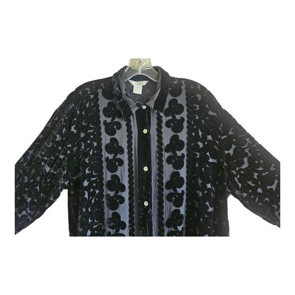 XXist Women's L Blouse Silk Blend Velvet Burnout Button Up Black Whimsy Goth 44" - Picture 3 of 8